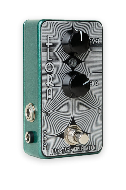 Flora Boost MK1 guitar pedal by Dual Stage Amplification — angled view, output side