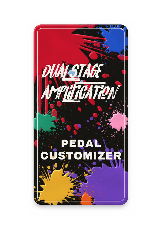 Pedal Customizer: the Dual Stage Amplification brush logo on a pedal-shaped panel splattered with red, purple and gold paint