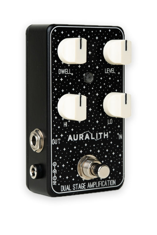 Auralith Reverb MK1 guitar pedal by Dual Stage Amplification — angled view, output side