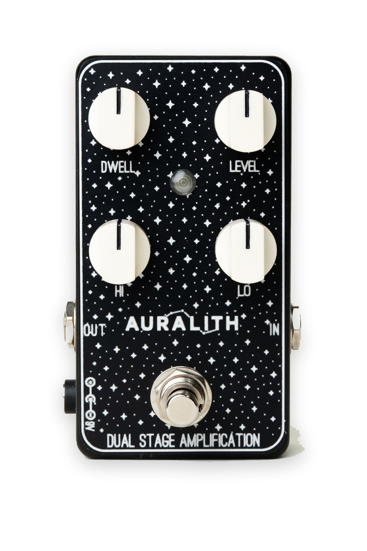 Auralith Reverb MK1 guitar pedal by Dual Stage Amplification — front panel with Dwell, Level, Hi and Lo controls
