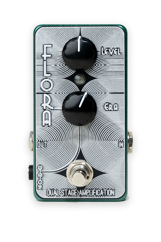 Flora Boost MK1 guitar pedal by Dual Stage Amplification — front panel with Level and Era controls