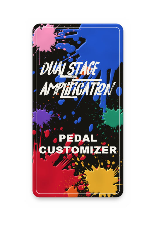 Pedal Customizer: the Dual Stage Amplification brush logo on a pedal-shaped panel splattered with paint in the enclosure colors